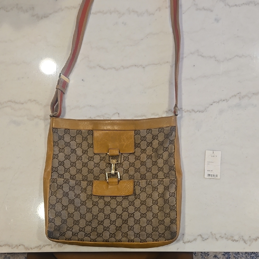 Gucci Brown and Tan Crossbody Bag with Checkered Pattern